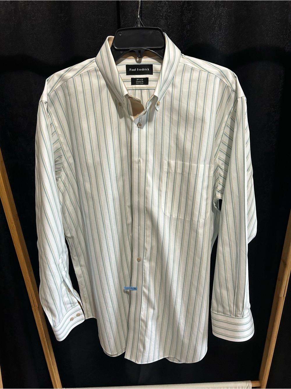 Paul Fredrick White Dress Shirt with Green Pinstripes